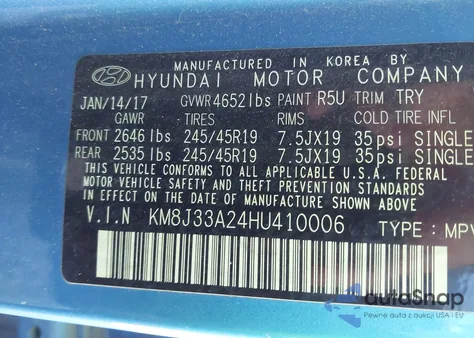 2017 Hyundai Tucson Sport from USA, damaged, VIN KM8J33A24HU410006